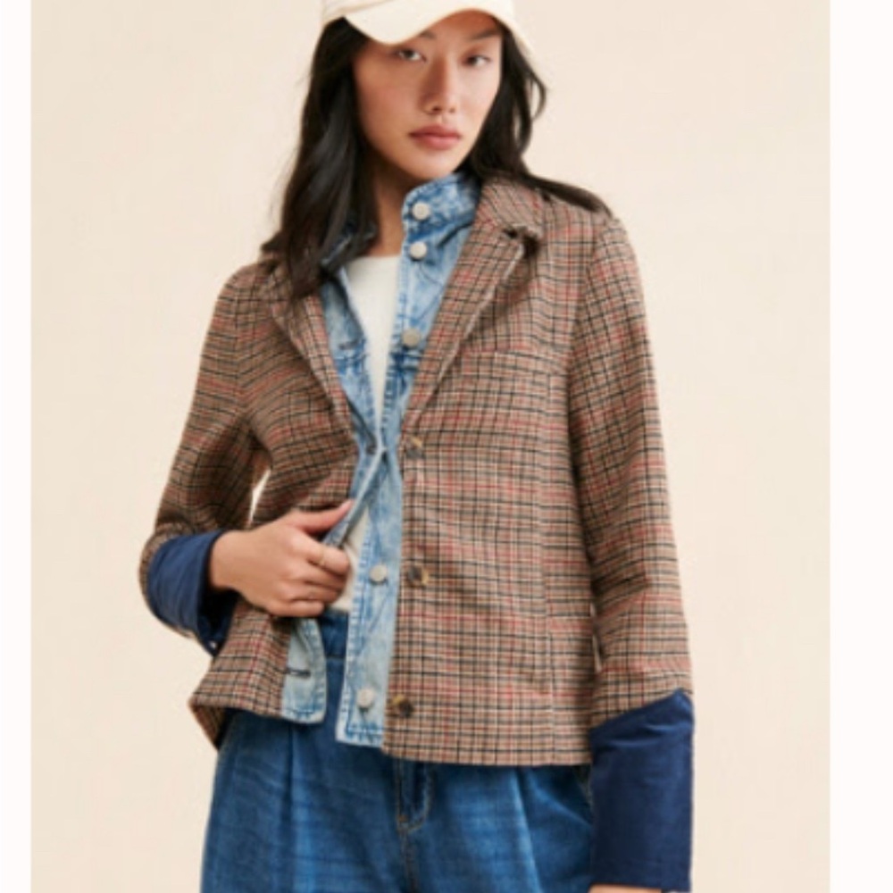 Free People Plaid Rancher Blazer with Navy and Brown Accents